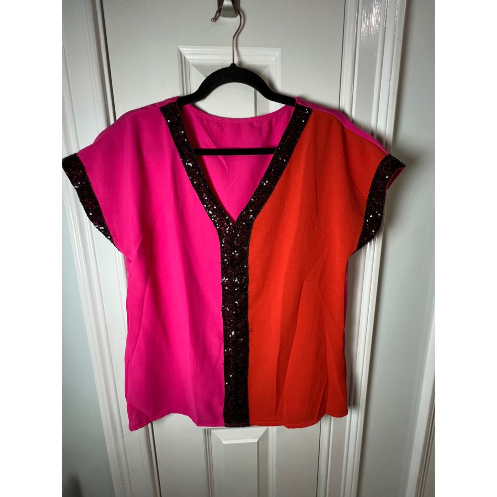 SHEIN Womens Pink Orange Colorblock Sequin V-Neck Short Sleeve Blouse Size M 6
